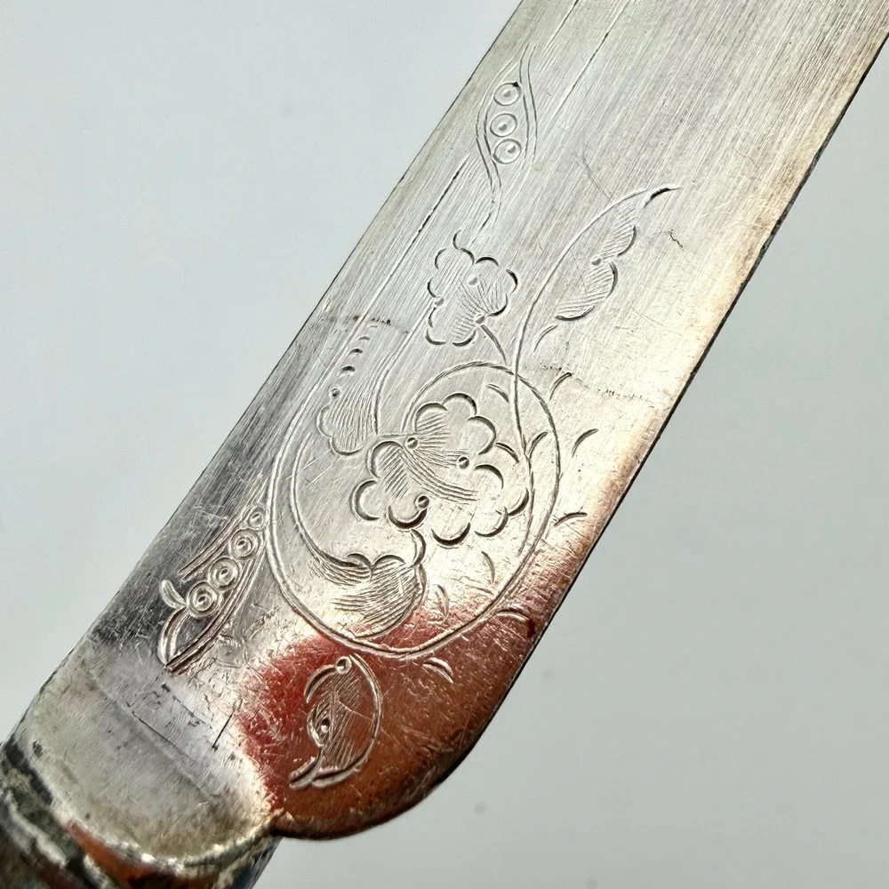 Antique Victorian Mother of Pearl Engraved Dessert Knives Set of 6 Silverplate